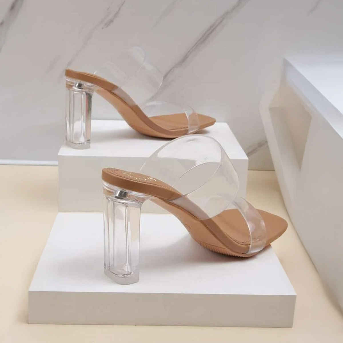 Shoetopia Stylish Trasparent Detailed Beige Block Heels For Women | UK 5