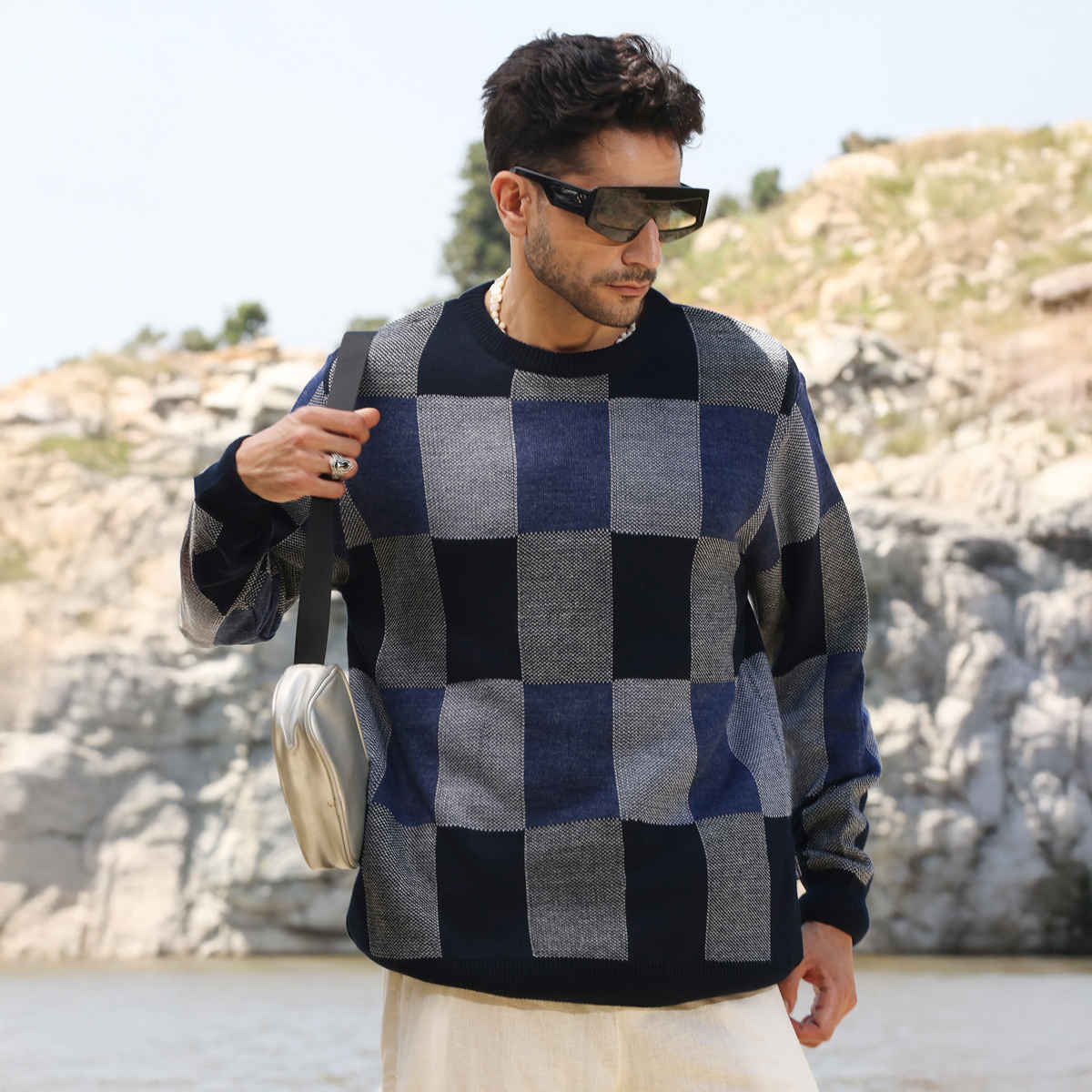 Campus Sutra Men's Block Check Pullover Sweater | Blue - S
