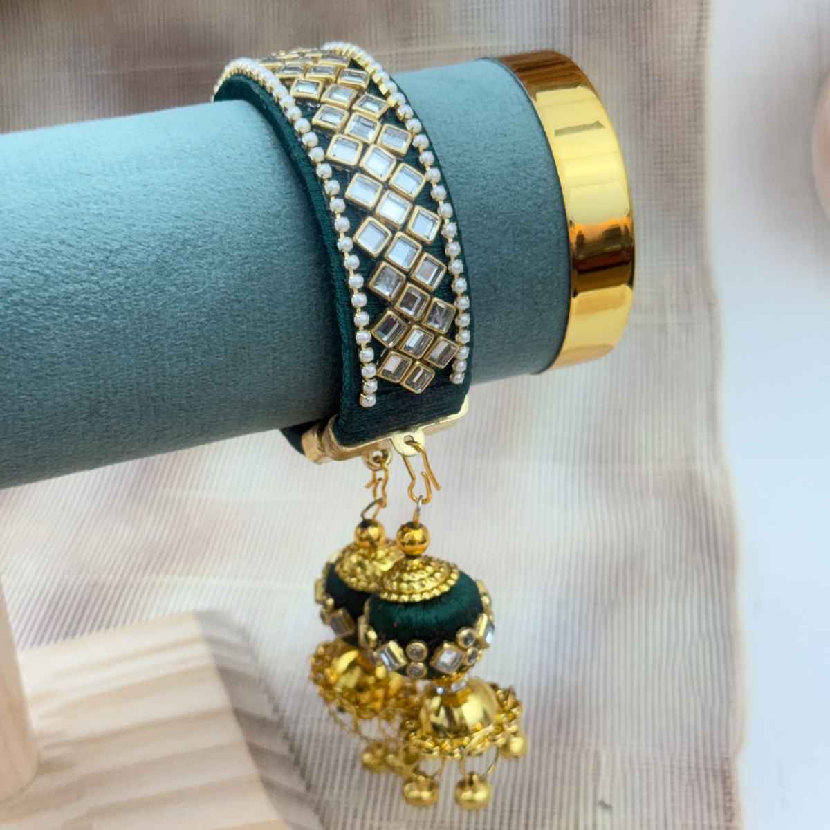 The Opal Factory Kundan Silk Thread Flexible Size Bangle | Jhumki Latkan | Green - Flexible