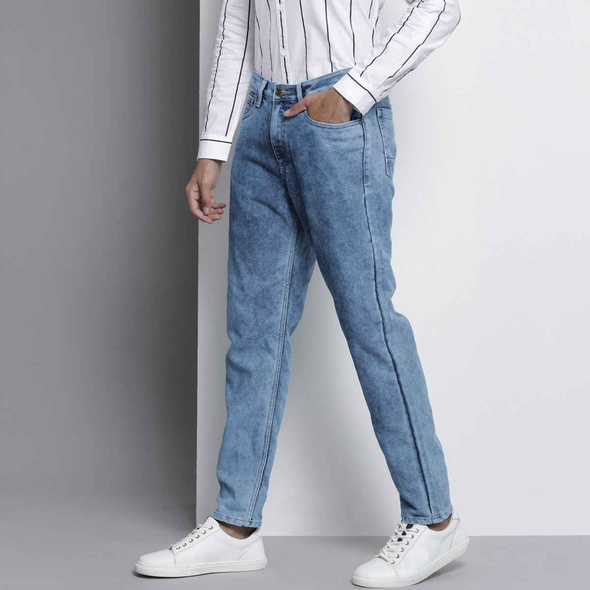 The Indian Garage Co Men's G-131 Dad Fit Solid Casual Jeans | Light Blue | 32