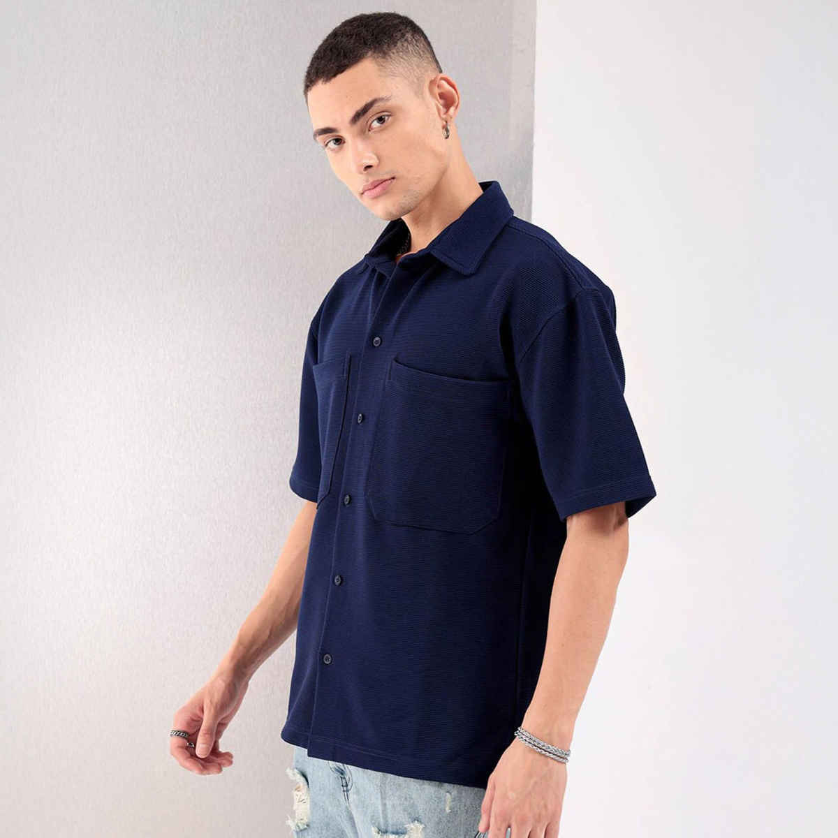 The Indian Garage Co Men's Boxy Fit Solid Casual | Navy Blue | XL
