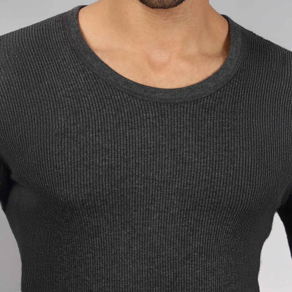 Lux Cozi Men's Heatek Thermal Comfort, Stretchable & Super Warm Round Neck Top | Black Melange-95