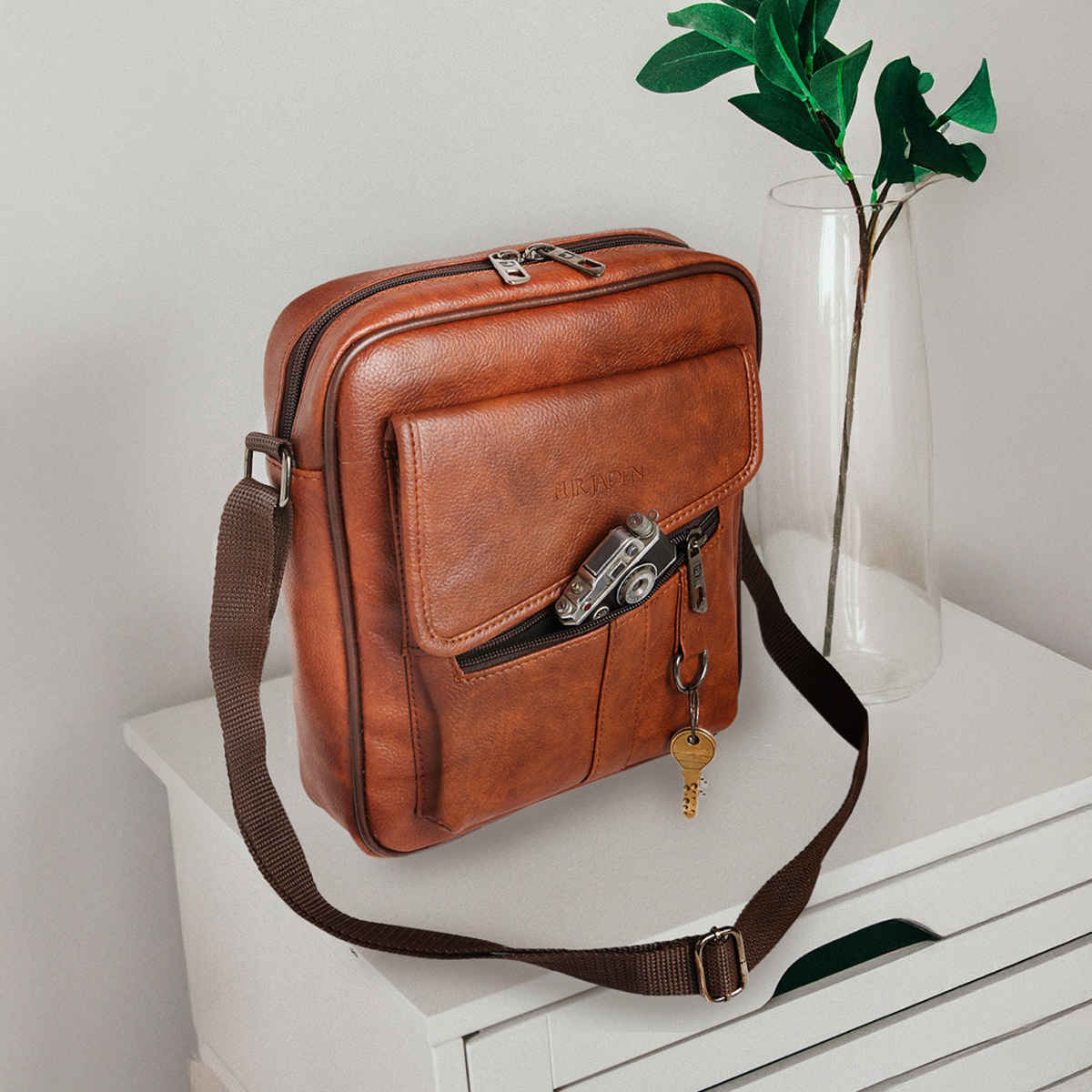 Fur Jaden Unisex Solid Vegan Leather Crossbody Bag | Tan