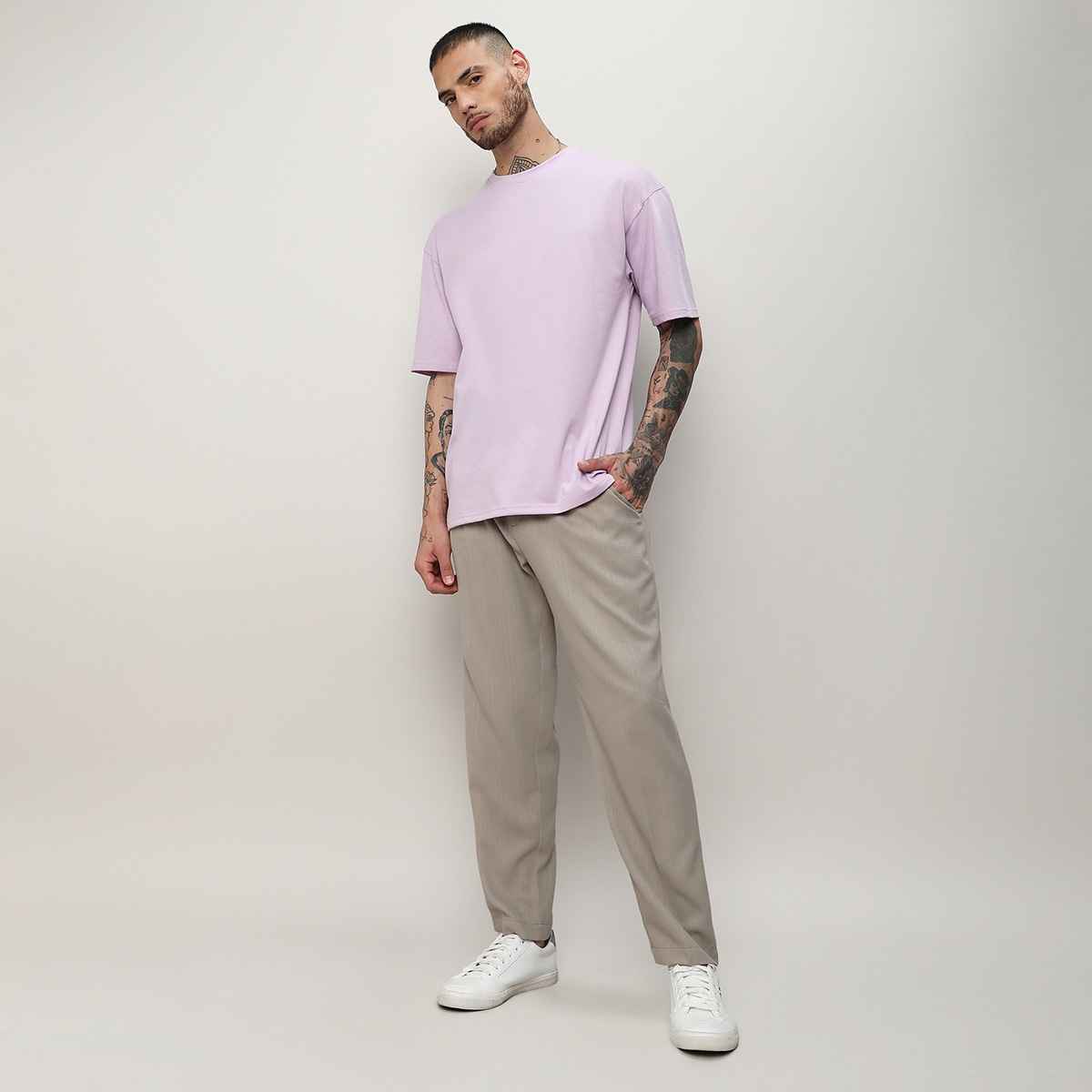 Campus Sutra Men's Solid Tailored Trousers | Grey Beige - 32