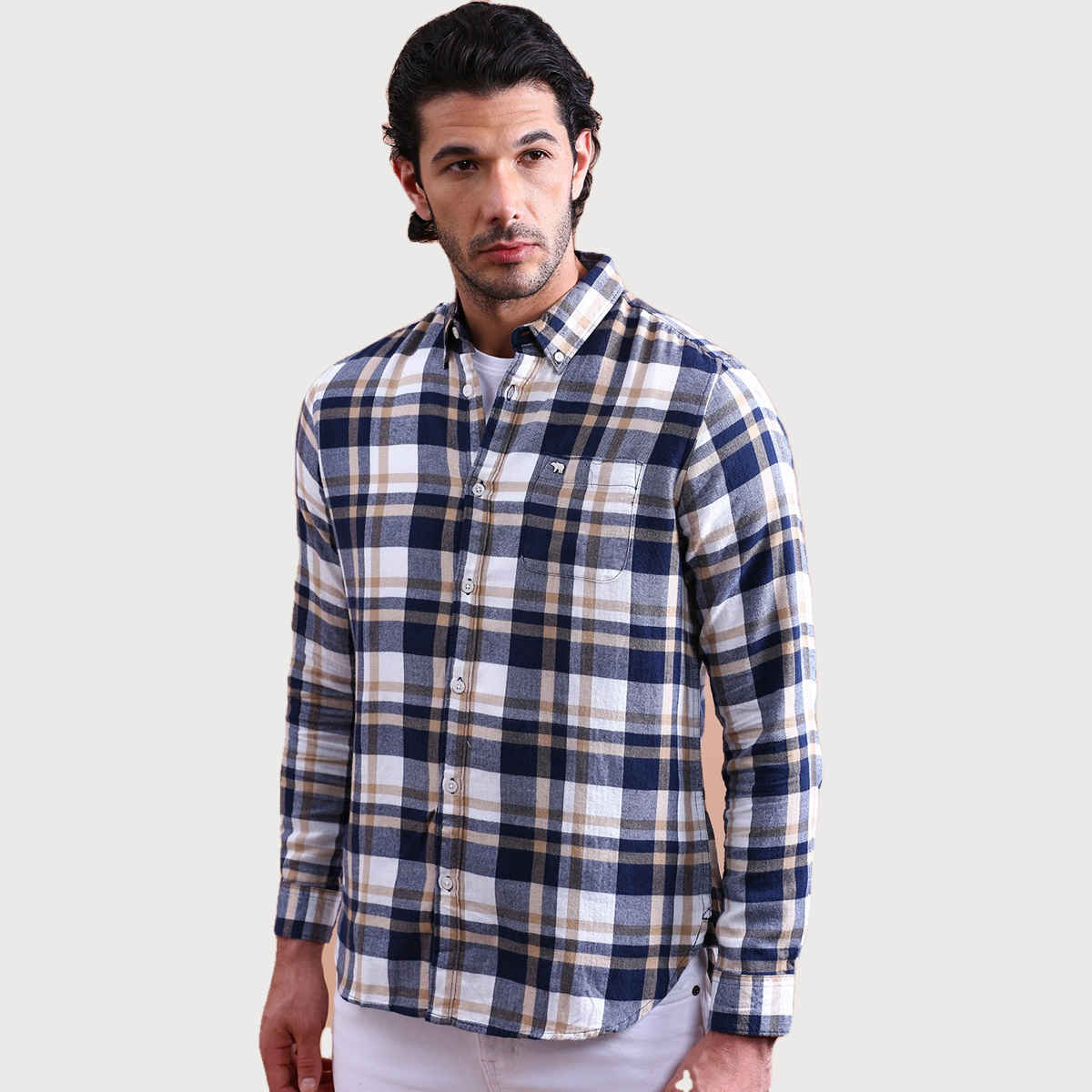 The Bear House Men Slim Fit Checked Cotton Casual Shirt - Eagle | Blue and Grey | L