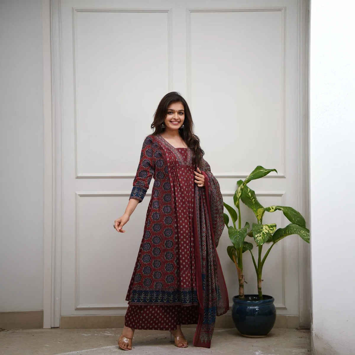 GoSriKi Women's Viscose Rayon Anarkali Printed Kurta with Pant & Dupatta | NAKULA | Wine - XL