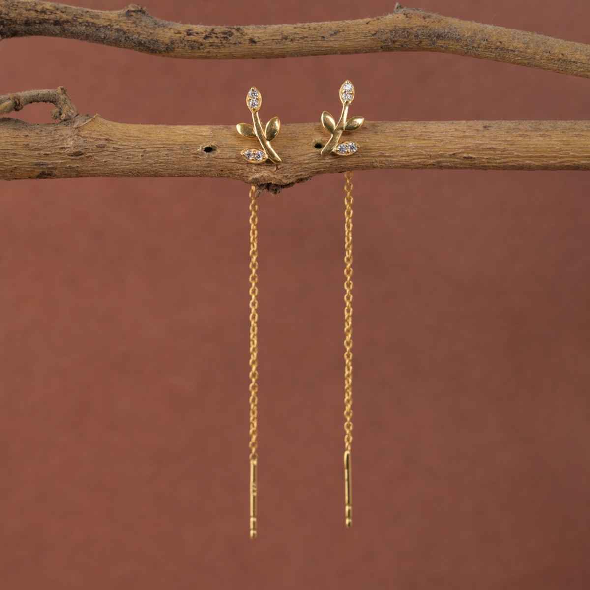 Clara 925 Sterling Silver Leafy Sui Dhaga Threader Earrings | Gold Plated Long Chain