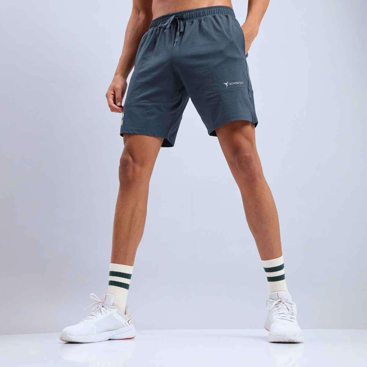 Technosport Men Poly Solid Relax Fit Sports Shorts with ELASTO LITE | Dark Carbon | L