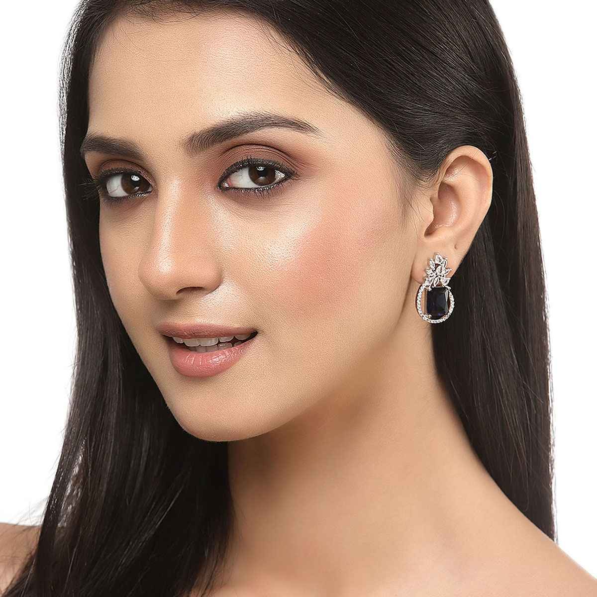 Zeneme Rhodium-Plated American Diamond studded Paisley Shaped Studs Earrings For Women & Girls