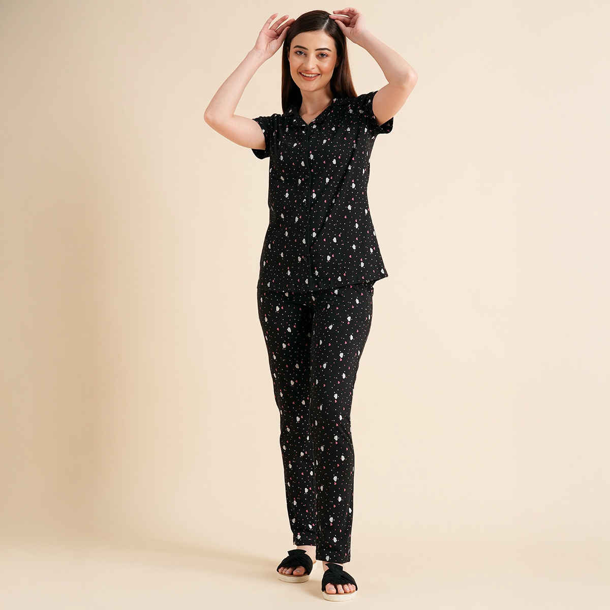 Sweet Dreams Women Printed Half Sleeves Pyjama Set Black S