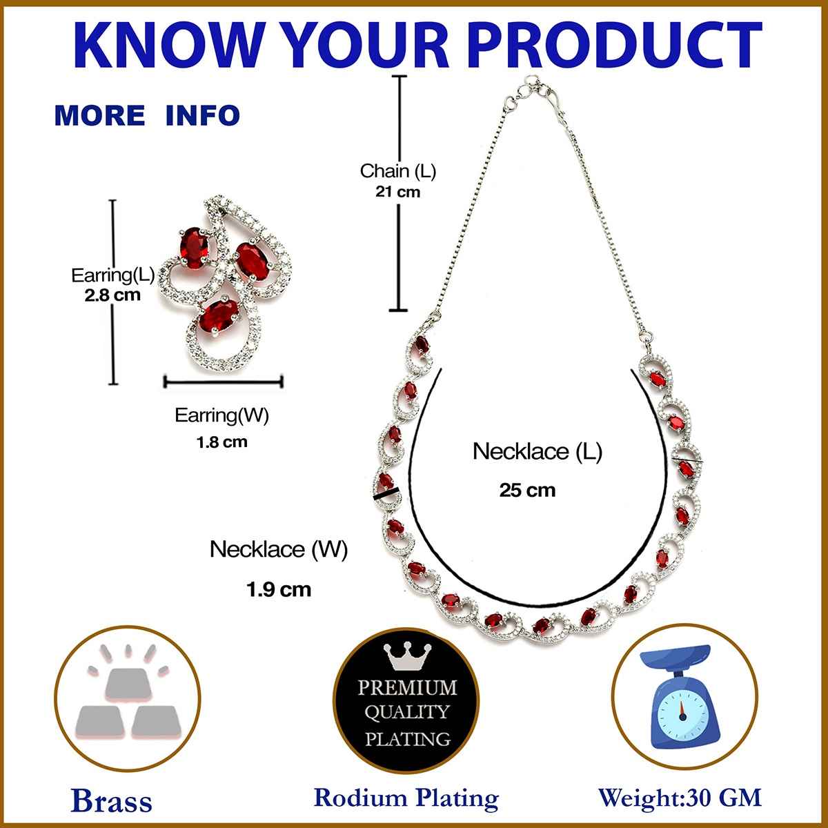 Zeneme Rhodium-Plated Silver-Toned Red American Diamond Necklace Set & Earrings For Women & Girls