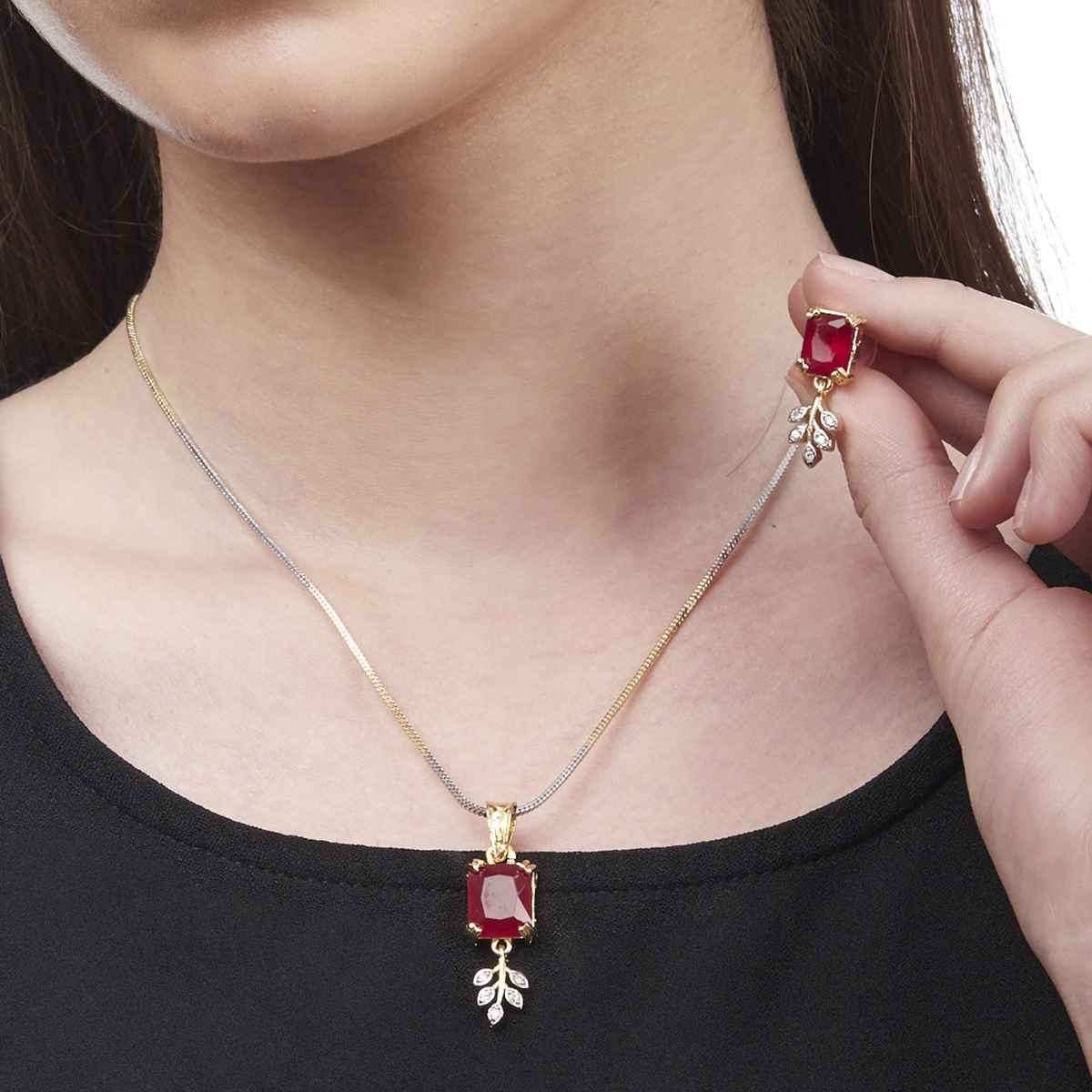 Zeneme Gold Plated Red CZ-AD Stone Drop Leaf Pendant Necklace Set With Earring For Women & Girls