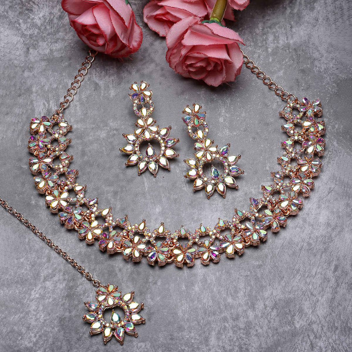 Sukkhi Innovative Rose Gold Plated Rose Gold Stone Studded Choker Necklace Set