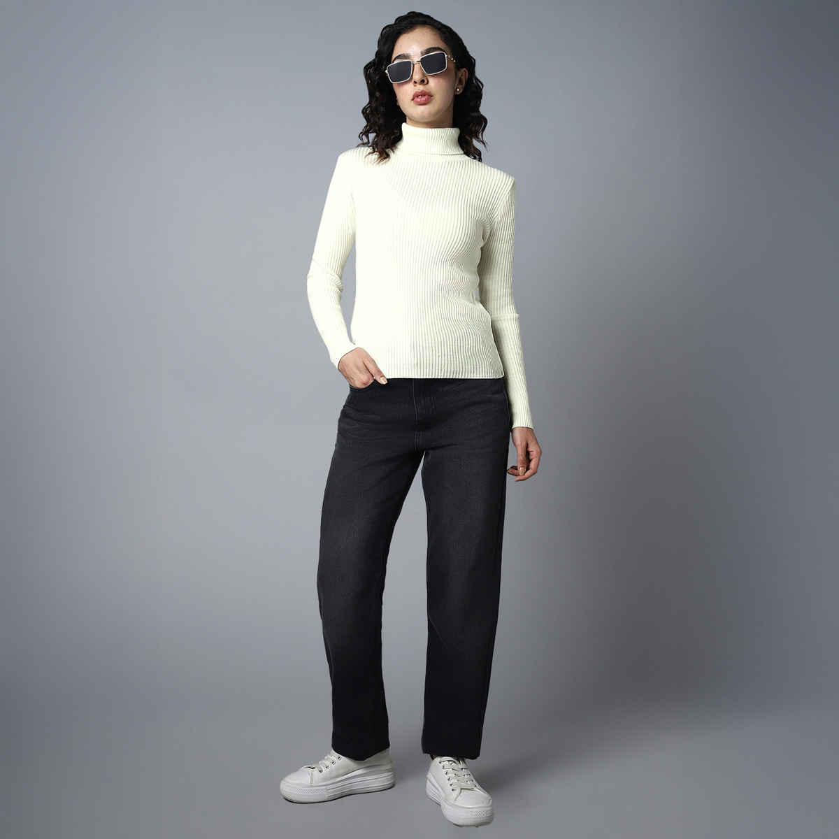 High Star Women's Ribbed Turtle Neck Long Sleeves Acrylic Pullover | White - S