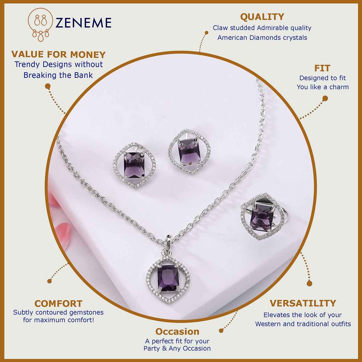 Zeneme Rhodium Plated American Diamond Studded Marquise Halo Jewellery Set For Women & Girls