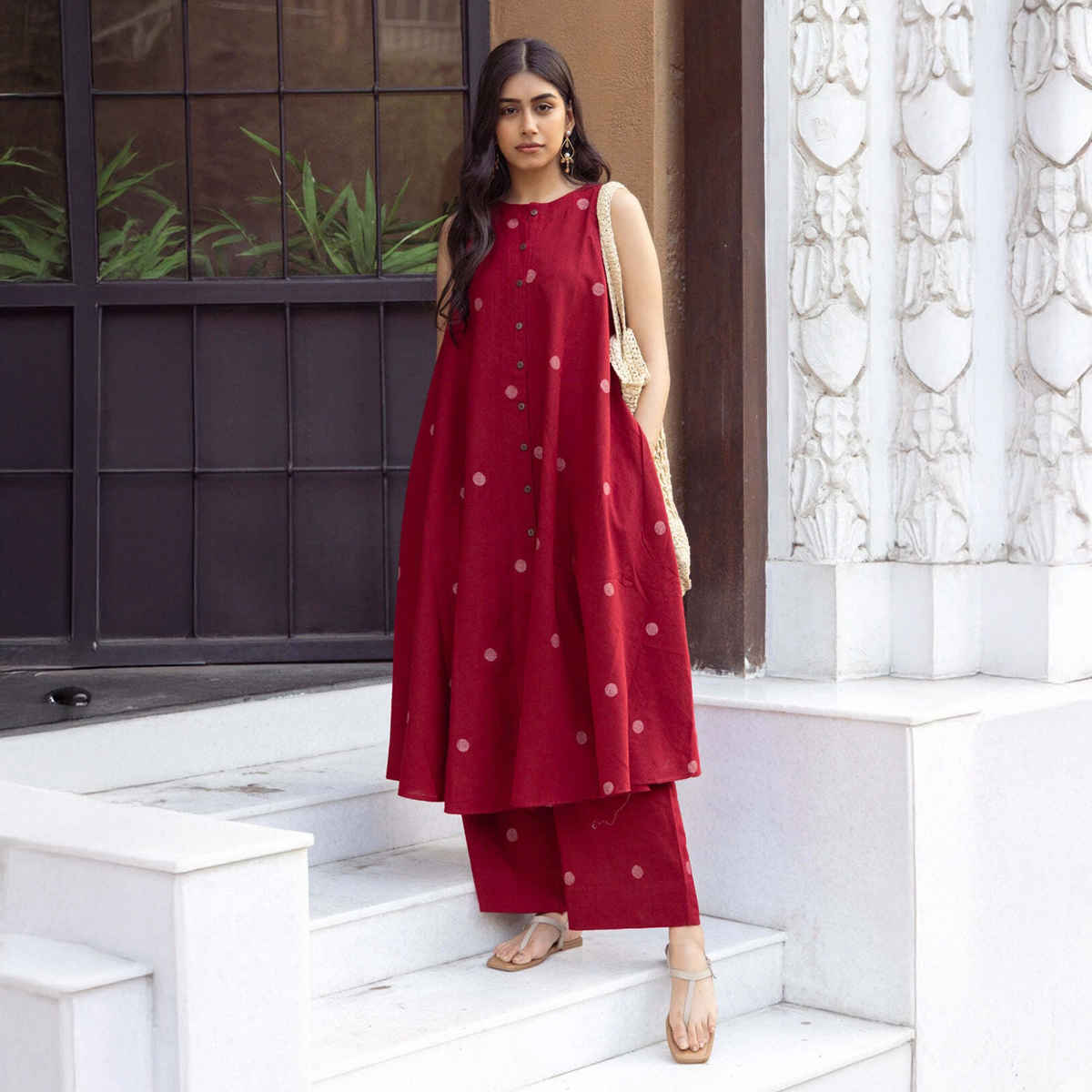 GoSriKi Women's Viscose Rayon Anarkali Polka Print Kurta with Palazzo | Red - S