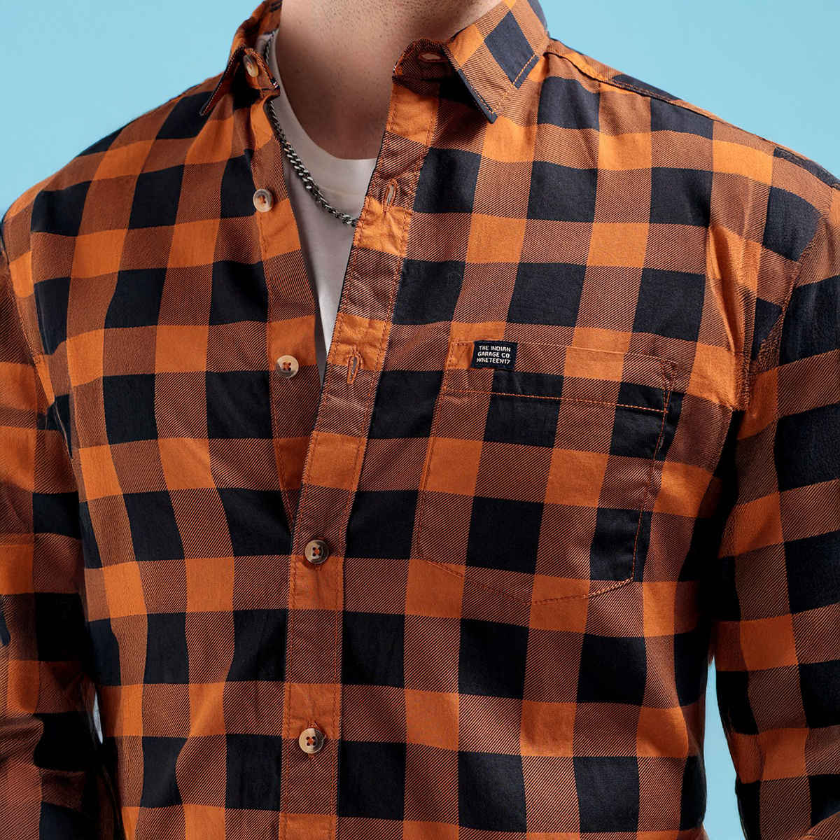 The Indian Garage Co Men's Slim Fit Checkered Casual Shirt | Mustard - S