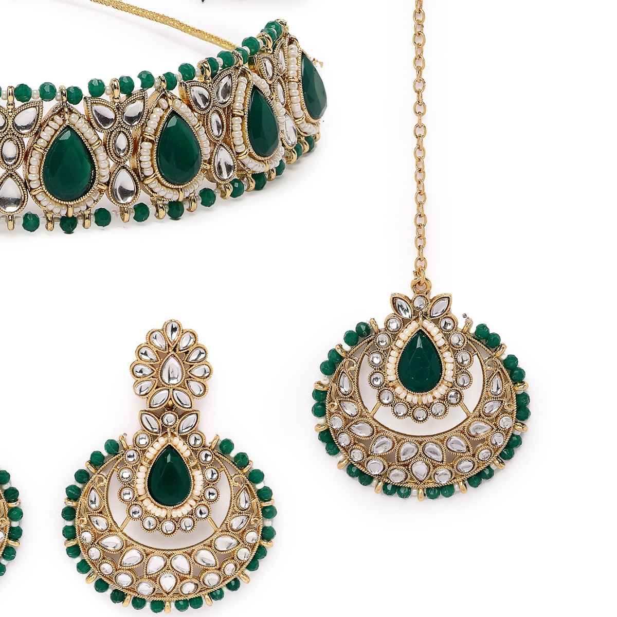 Sukkhi Refined Gold Plated Green Kundan & Beads Studded Choker Necklace Set