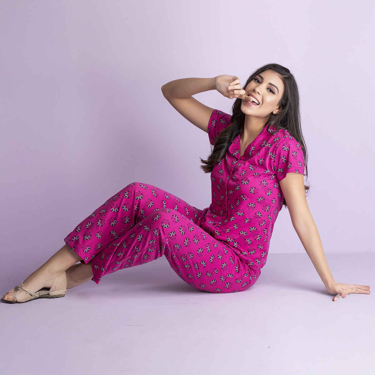 Clovia Owl Print Button Down Shirt & Pyjama Set - Cotton Rich(Magenta - Xxl)
