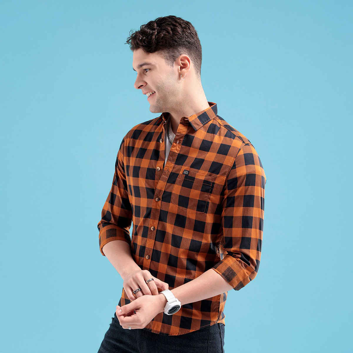 The Indian Garage Co Men's Slim Fit Checkered Casual Shirt | Mustard - S