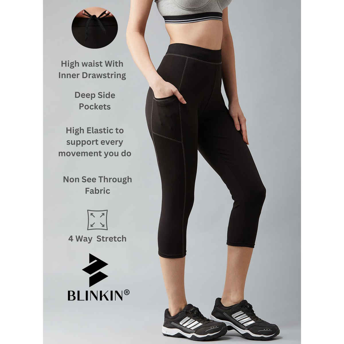 Blinkin Women's 3/4 Gym Tights - Black | Grey | With Side Pockets | S