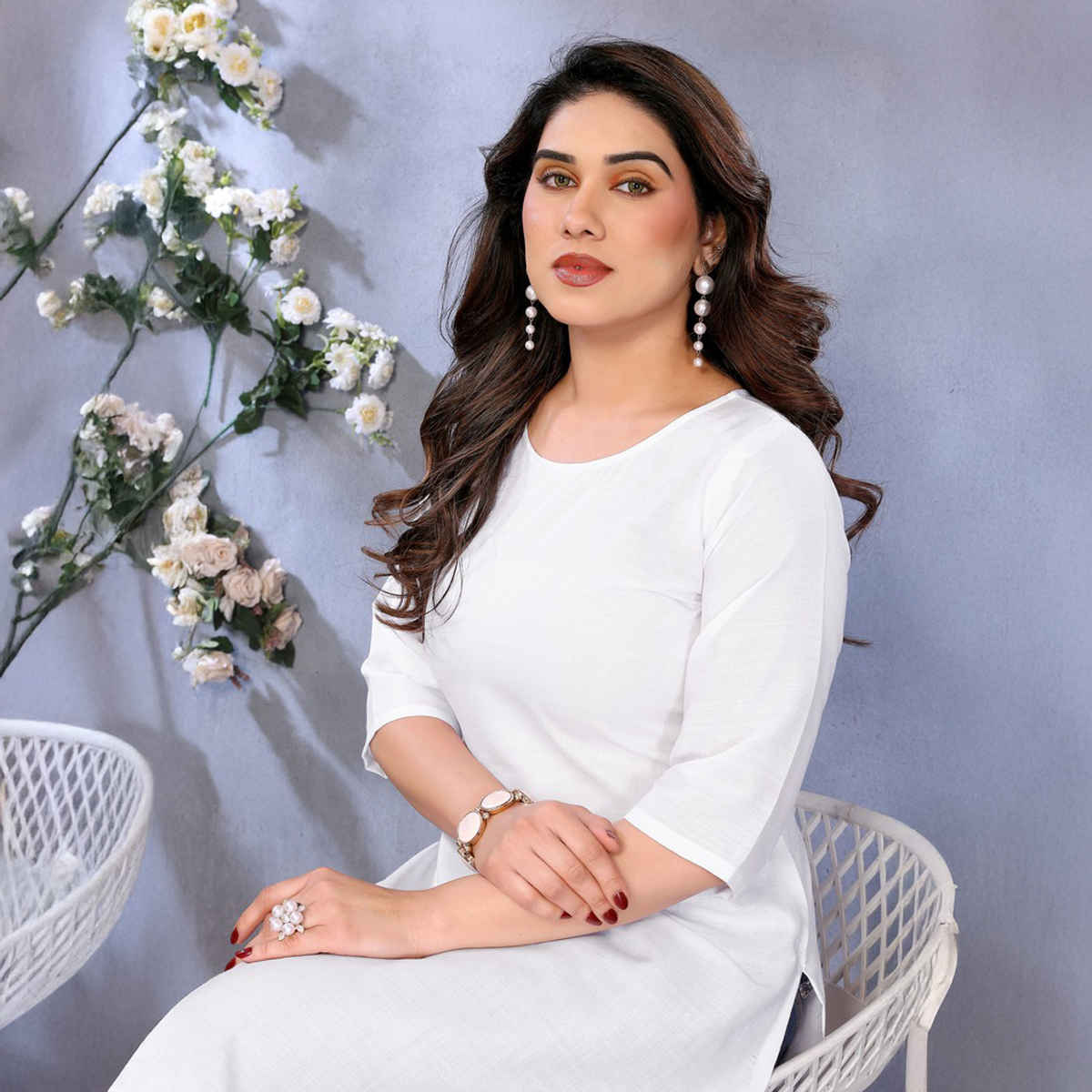 Riglozi White 3/4 Sleeves Cotton Made White Long Round Neck Regular wear Kurti for Women | L