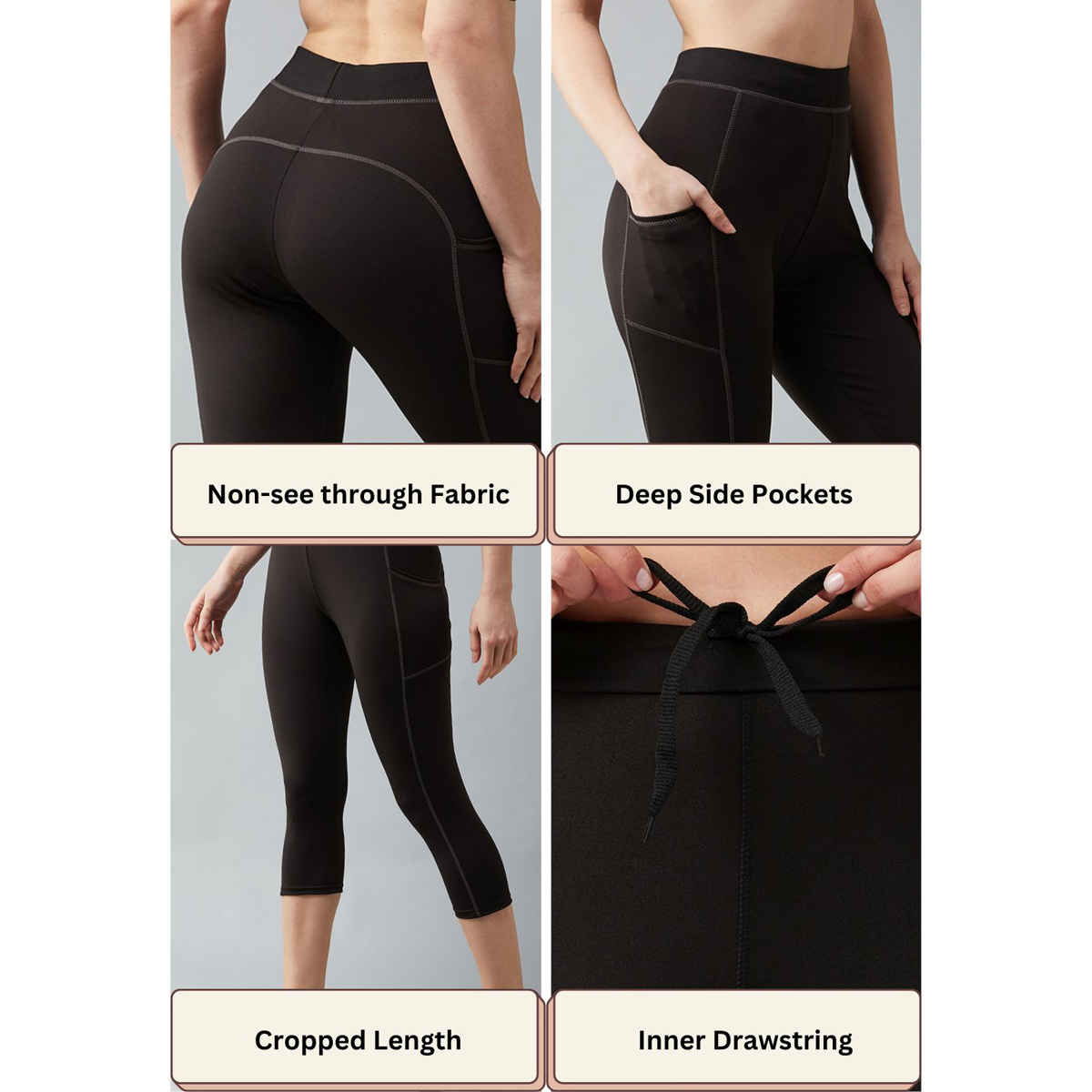 Blinkin Women's 3/4 Gym Tights - Black | Grey | With Side Pockets | S