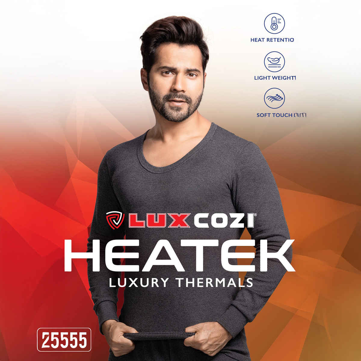 Lux Cozi Men's Heatek Thermal Comfort, Stretchable & Super Warm Round Neck Top | Black Melange-100
