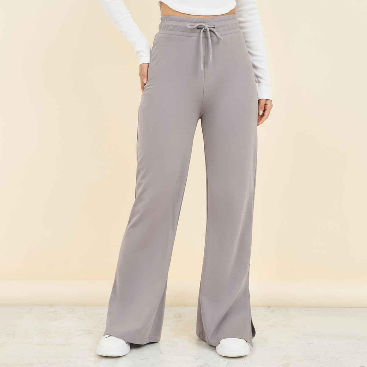 Styli Women's Slim Fit Joggers with French Terry Fabric and Hem Slit | Grey Melange - S