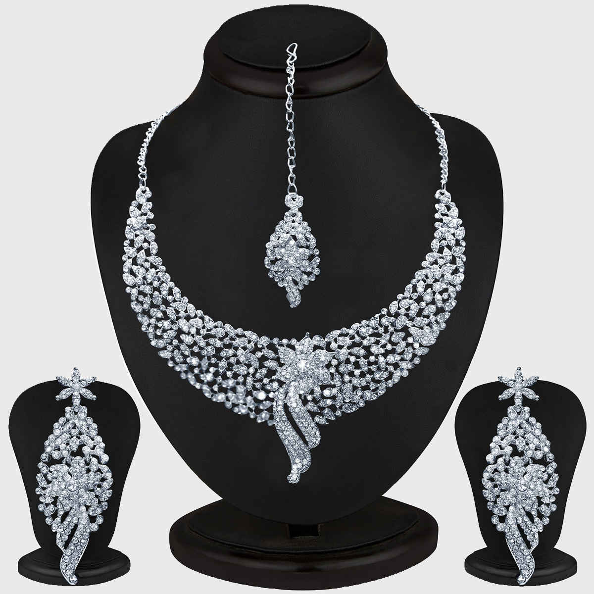 Sukkhi Glimmery Rhodium Plated Austrian Diamond Choker Necklace Set For Women