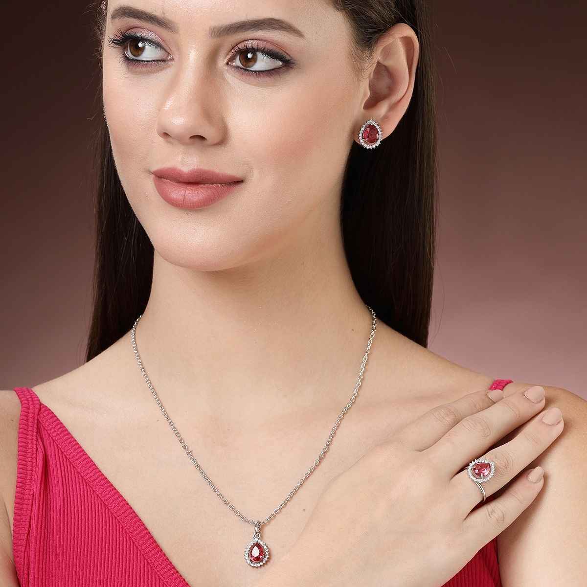 Zeneme Rhodium-Plated Red American Diamond Necklace and Earrings With Ring For Women & Girls