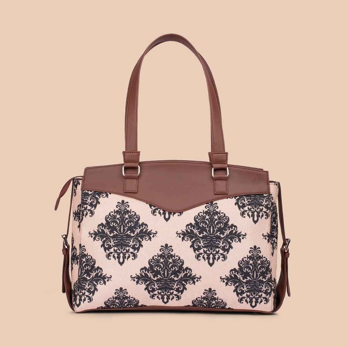 Zouk Women's Motifs Vegan Leather and Handcrafted Fabric Double Strap Women's Office Bag | Brown