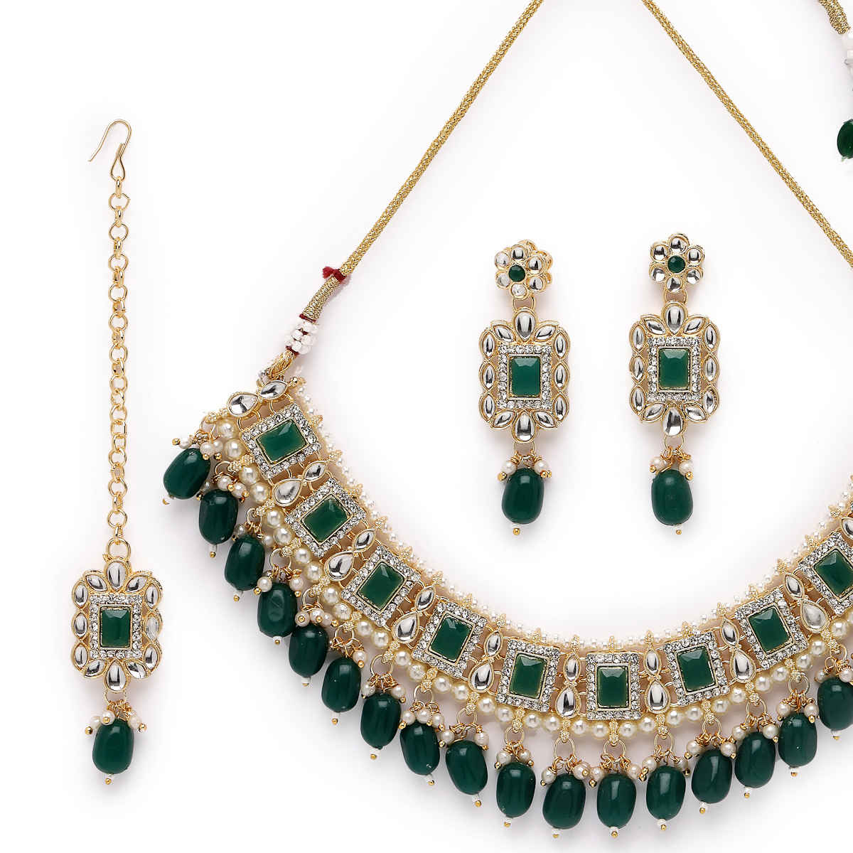 Sukkhi Glitzy Gold Plated Green Kundan & Beads Studded Choker Necklace Set