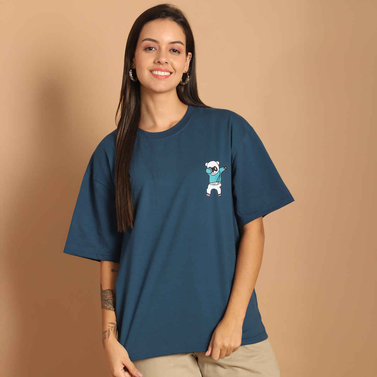 Fabflee Women Oversize Cotton Printed Round Neck Tshirt | Blue | FAB-OS-503 | L
