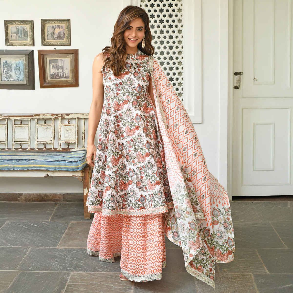 Janasya Women's White Pure Cotton Floral Printed Block Print Kurta with Sharara and Dupatta | S