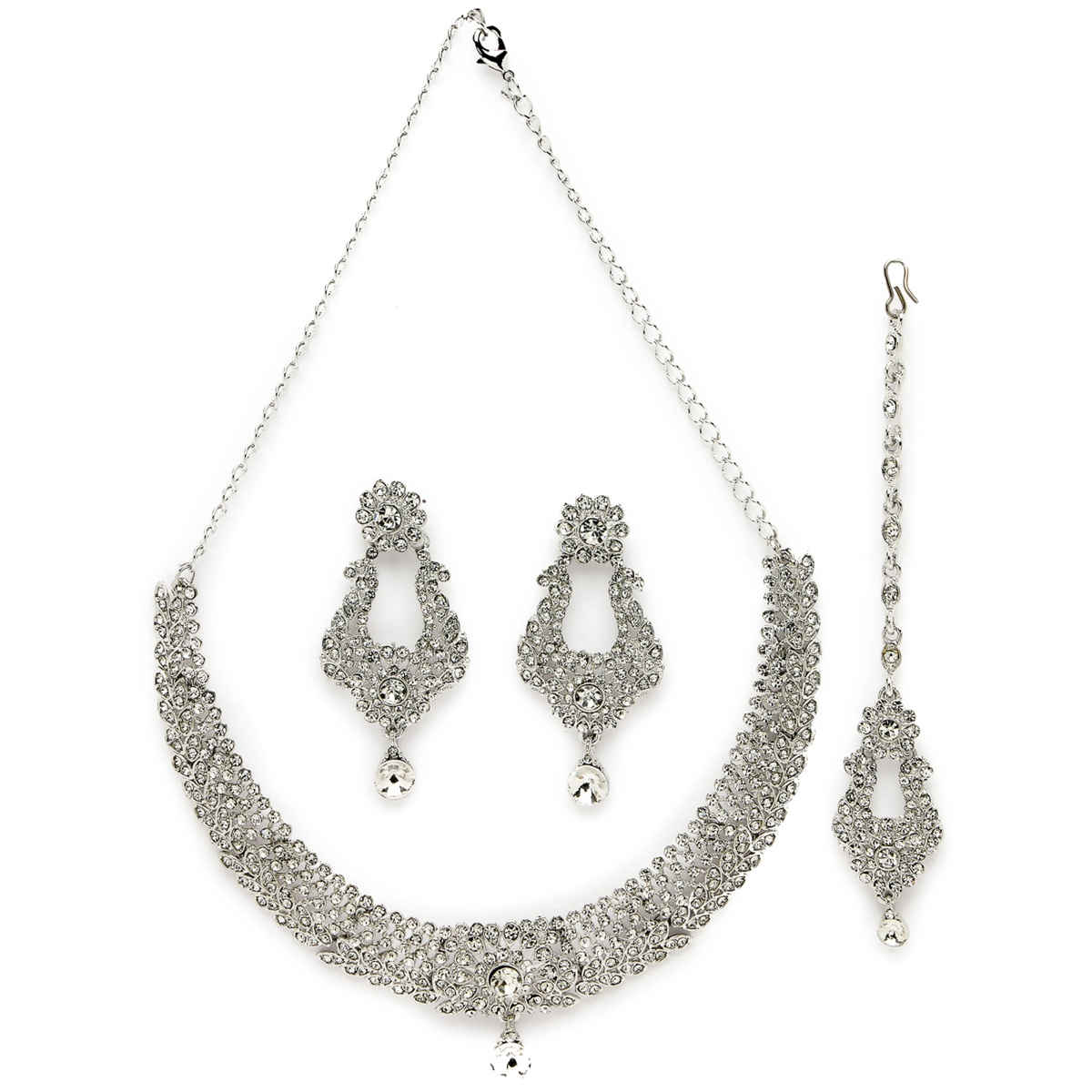 Sukkhi Rhodium Plated Silver Collar Bone Necklace & Earring With Maangtika Set for Women