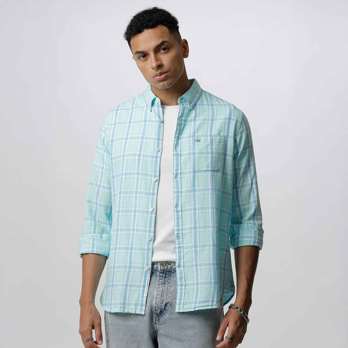 The Bear House Men Slim Fit Checked Button-Down Casual Shirt - Joan | Blue | M