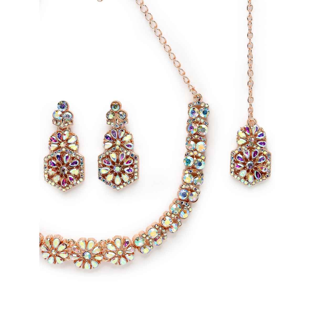 Sukkhi Fusion Rose Gold Plated Collar Bone Necklace Set Earring & Maangtika Set for Women