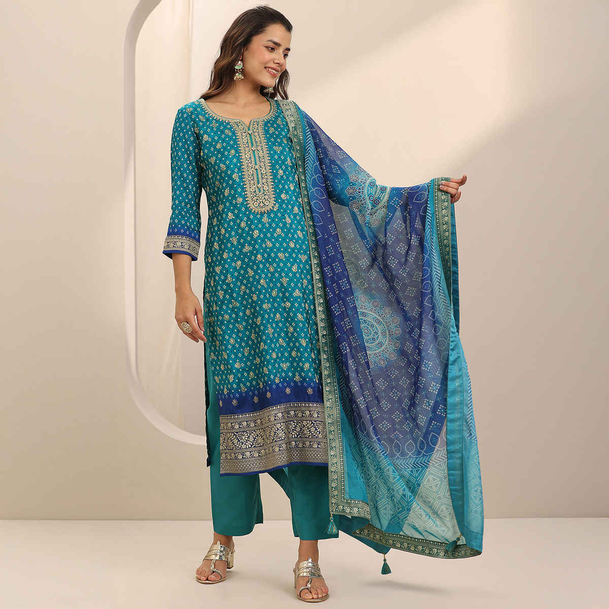 Libas Printed Silk Blend Straight Suit Set With Dupatta | 99269H | Blue - L