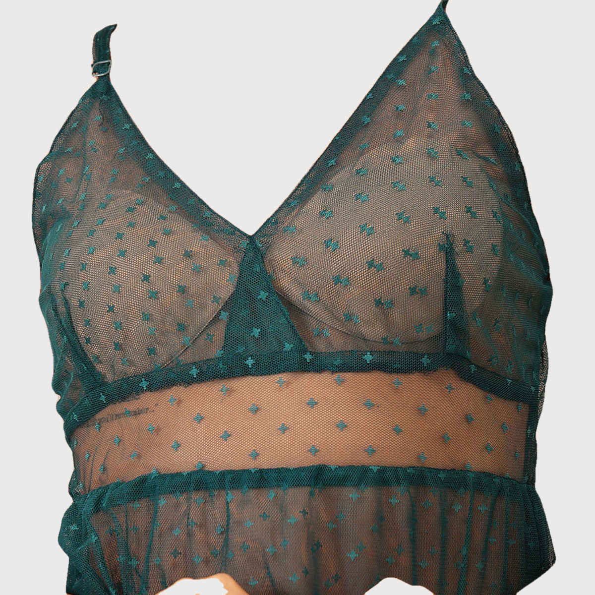 Clovia Self Patterned Sheer Babydoll with Matching Thong in Green Mesh | NS1300P17 | XL