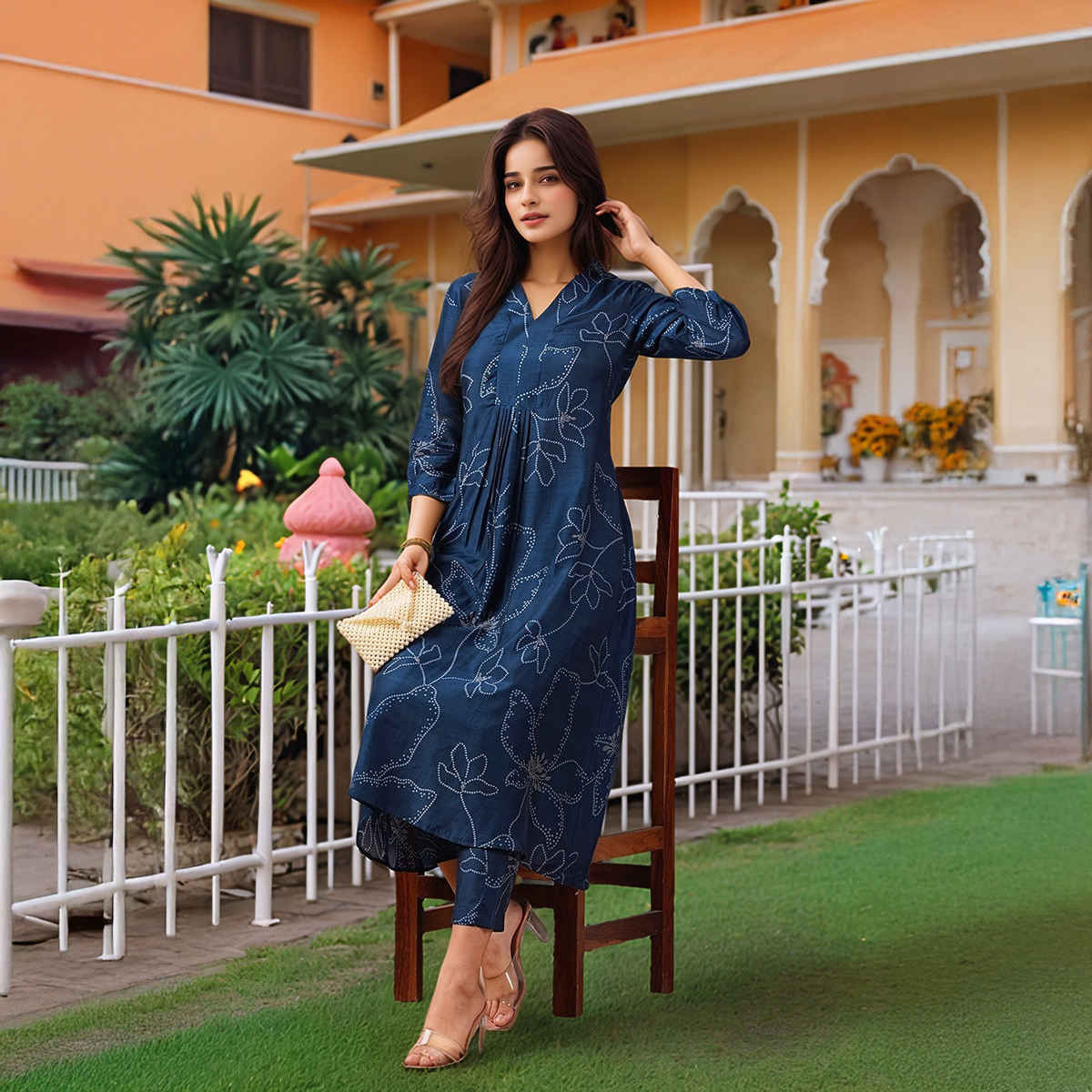 GoSriKi Women's Viscose Rayon Anarkali Printed Kurta with Pant | MARUP | Blue - XL