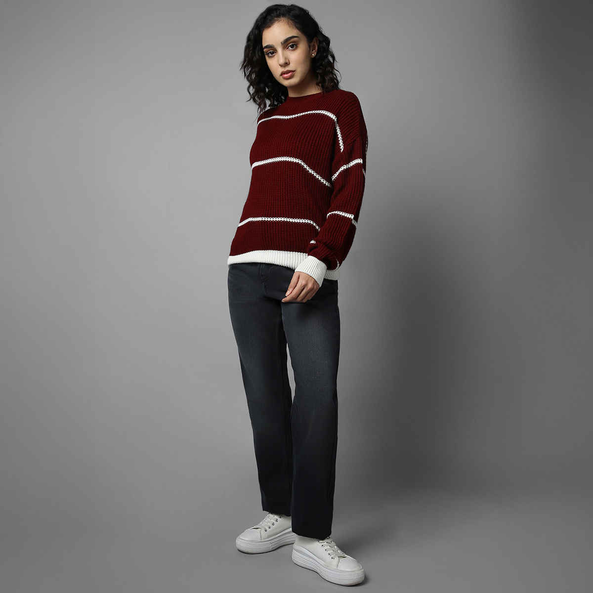 High Star Women's Striped Pullover | Maroon - XL