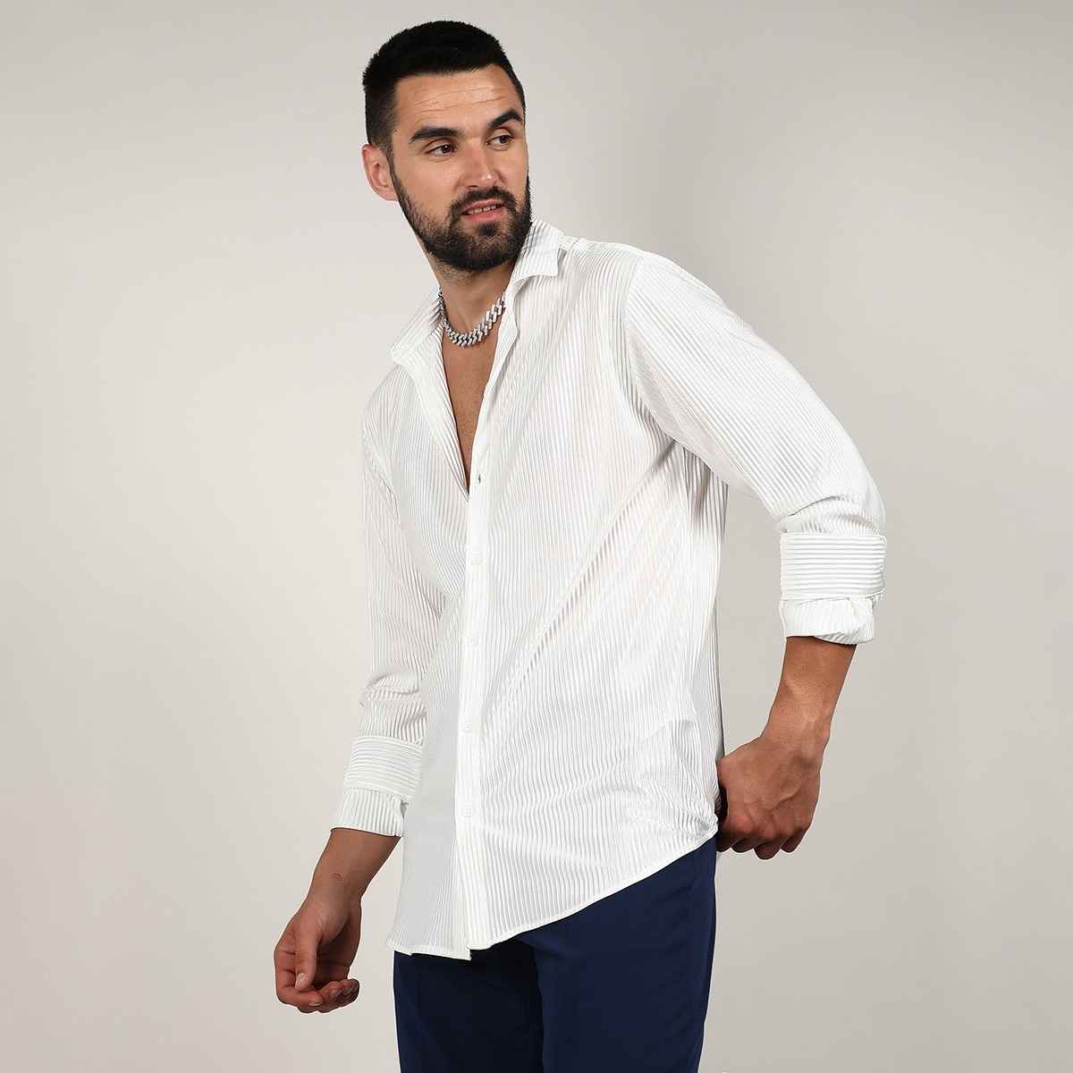 Campus Sutra Men's Pleat - Creased Shirt | White - L