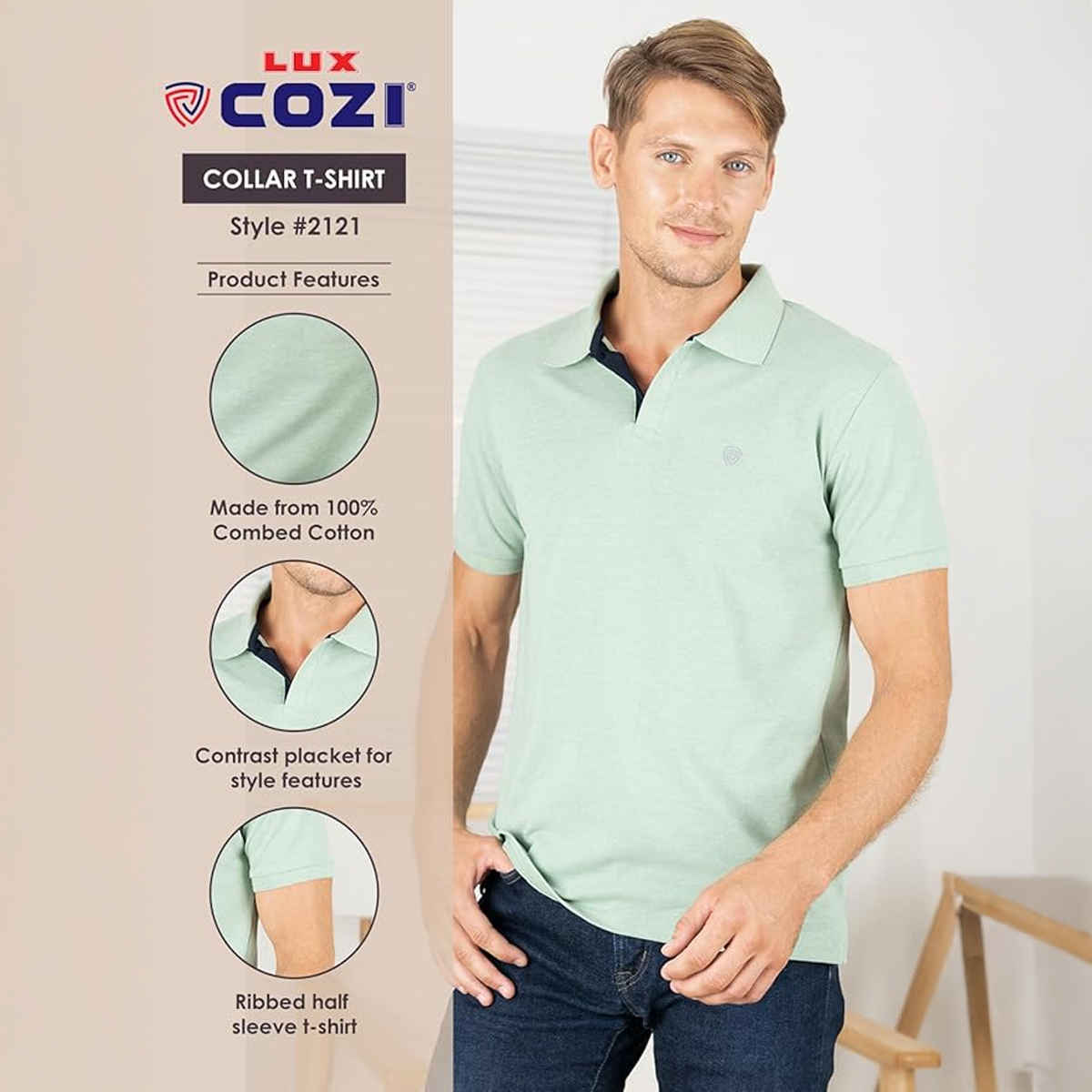 Lux Cozi Men's Solid Cotton Polo T-shirt | Mint Green - L