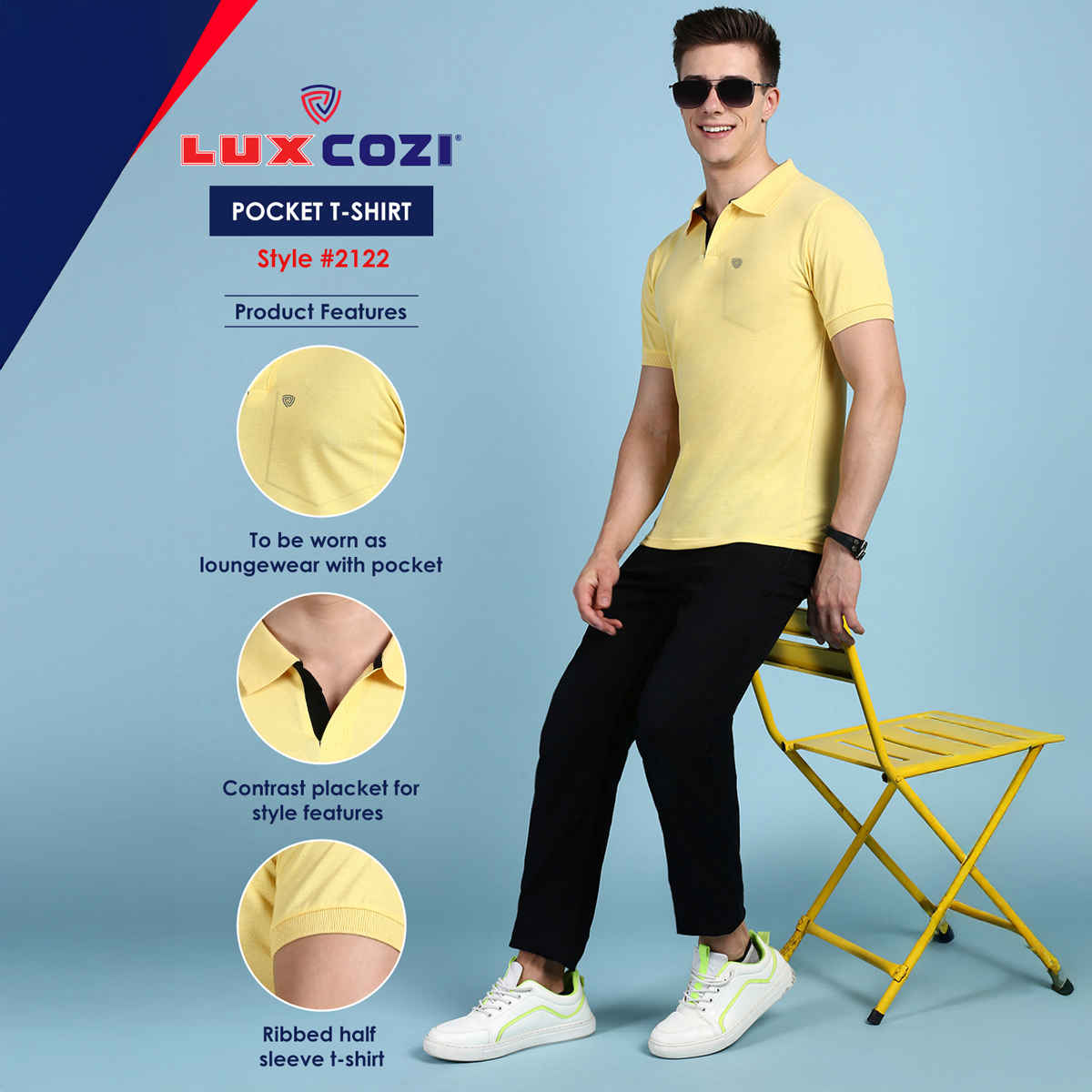 Lux Cozi Men's Solid Cotton Polo T-shirt with Pocket | Yellow - S