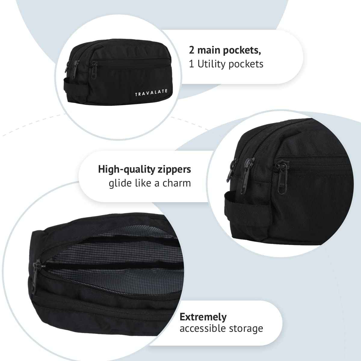 TRAVALATE Polyester Multipurpose Double Compartment Toiletry Kit Bag | Black