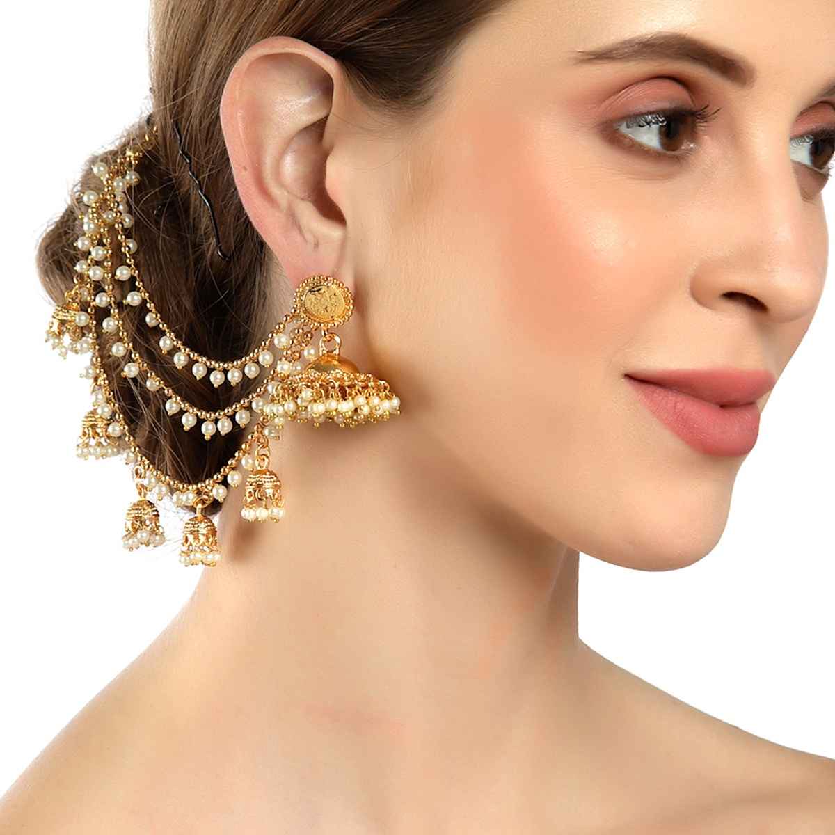 Zeneme Gold Plated Floral Ear Chain Earrings For Women & Girls