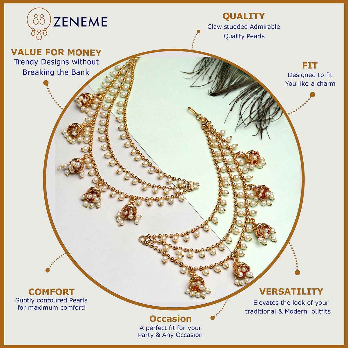 Zeneme Gold Plated Floral Ear Chain Earrings For Women & Girls