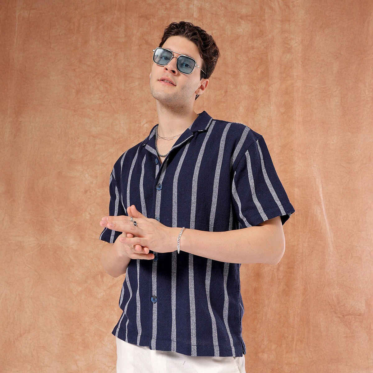 The Indian Garage Co Men's Relaxed Fit Striped Resort Half Sleeve Shirt | Indigo - L