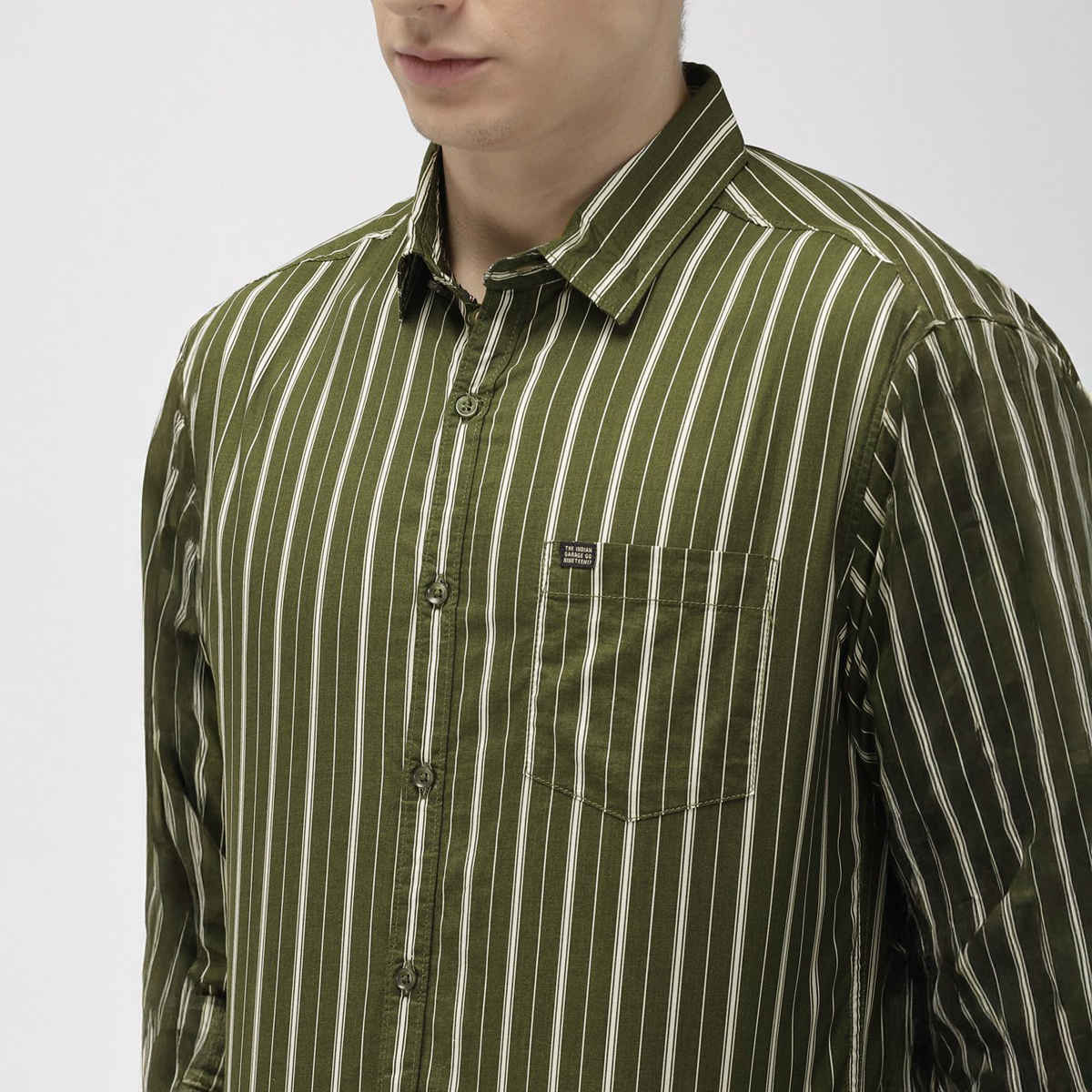 The Indian Garage Co Men's Slim Fit Multi Stripes Casual Shirt | Olive - 2XL